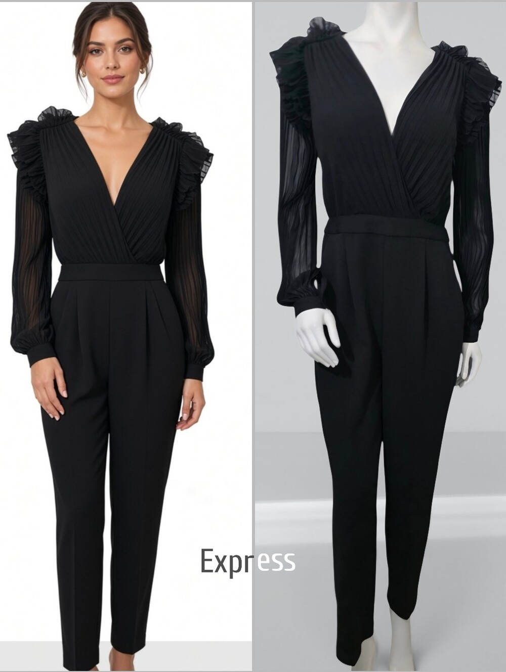 Express Black Plissé Ruffle-Shoulder V-Neck Jumpsuit